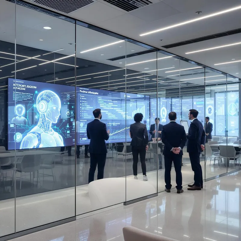 A high-tech office with large digital screens showing Gantt charts, resource allocation graphs, and animated AI agent avatars interacting with human project managers