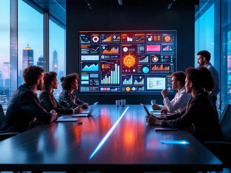 A professional, diverse team discussing AI-driven strategies in a modern, tech-enabled workspace with icons of AI and data analytics visible on a digital display