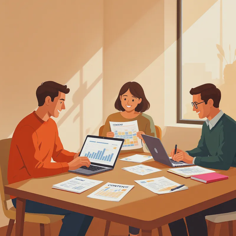 An illustration of a small team around a table reviewing charts on a laptop and printed content calendar sheets, warm office lighting, collaborative mood, clean flat vector style, modern colors, focused composition, illustration
