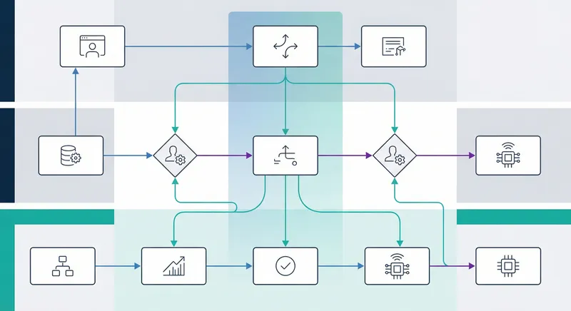 Flowchart showing process decomposition with multiple interconnected boxes and decision diamonds, with color-coded dependencies