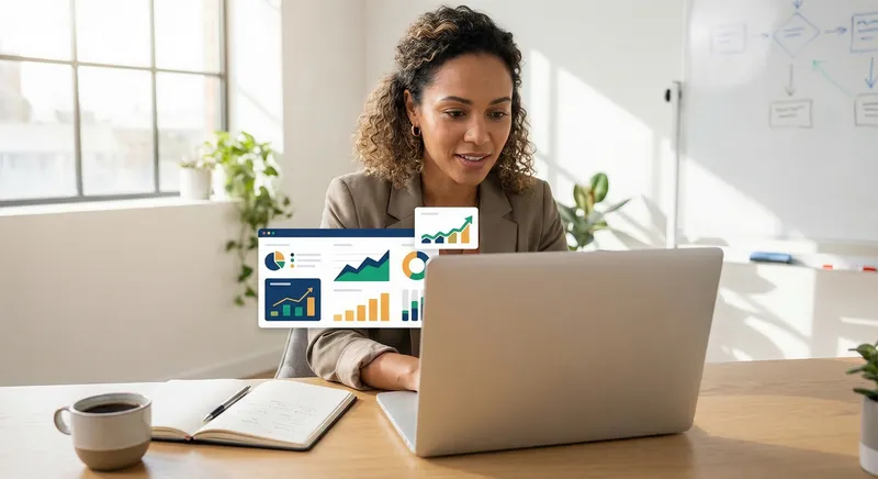 Professional analyzing LinkedIn analytics dashboard on laptop with notebook and coffee