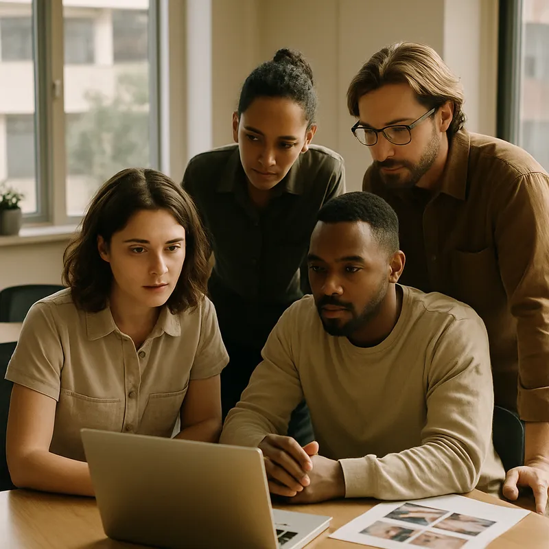 A photo of a small professional team gathered around a laptop reviewing social media drafts in an office meeting room, midday natural light through windows, candid composition, focused mood, warm color grading, documentary photography style, realistic details, no logos or text