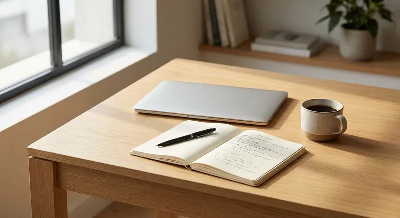 Desk with notebook and laptop showing content templates
