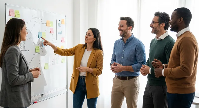 Team reviewing headline performance on a whiteboard