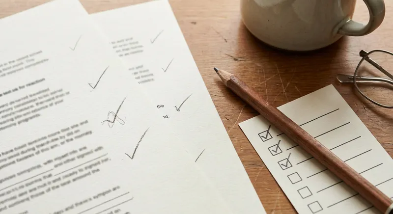 Close up of a checklist and headline drafts on a desk