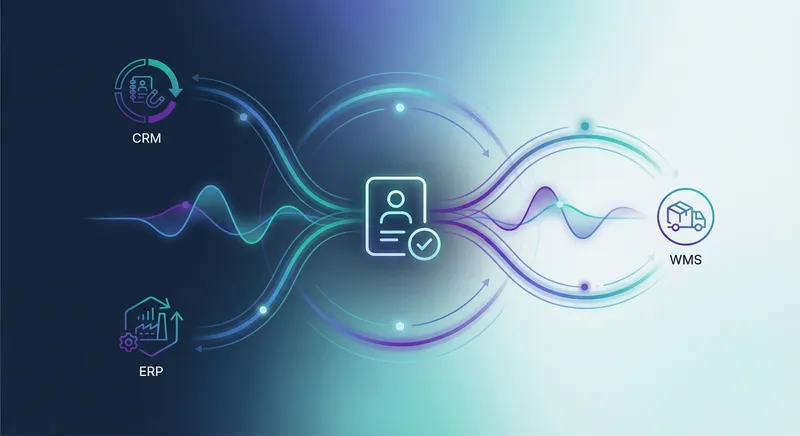 Abstract illustration of customer data flowing between interconnected CRM and ERP systems with nodes and flowing lines