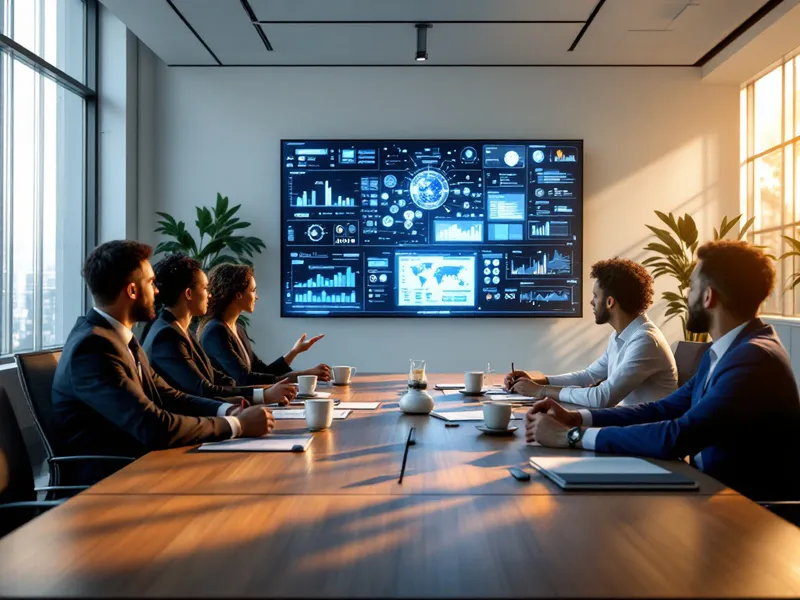 A modern business office with professionals engaged around digital screens displaying workflow automation charts and AI integration concepts, vibrant and professional