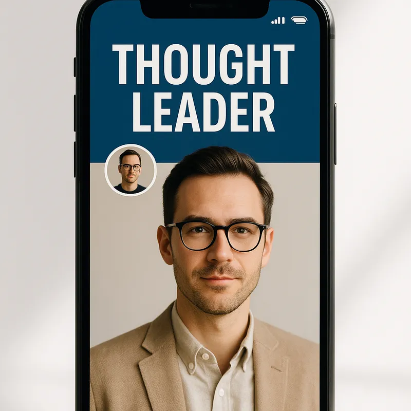 A close up of a modern smartphone displaying a vertical cover image for a professional thought leader, clean white background, high contrast blue and warm neutral color palette, bold headline at the top, small portrait circle in the upper left, minimal icons, soft natural lighting, crisp photo style, shallow depth of field, realistic product photography, no visible logos or text on the phone screen other than the headline