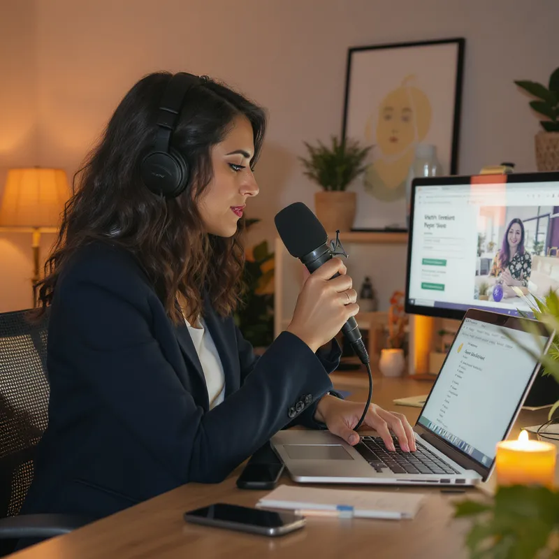 A mid-shot photo of a professional in a home studio adjusting a microphone and notes on a laptop screen showing a webinar registration page, soft studio lighting, focused expression, modern workspace with plants, natural color grading, crisp composition, photo