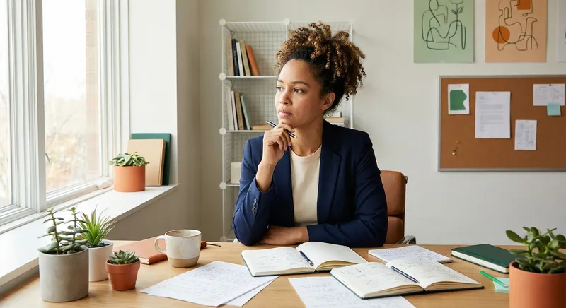Professional sitting at desk thoughtfully, surrounded by notes and coffee cup, window light creating warm atmosphere, authentic and contemplative mood, modern office setting