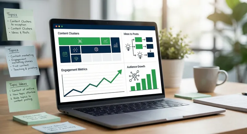 Dashboard showing content calendar with organized clusters, analytics tracking authority growth, and engagement metrics
