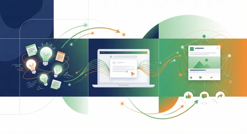 Content creation workflow showing ideas transforming into published posts with engagement metrics, modern digital illustration