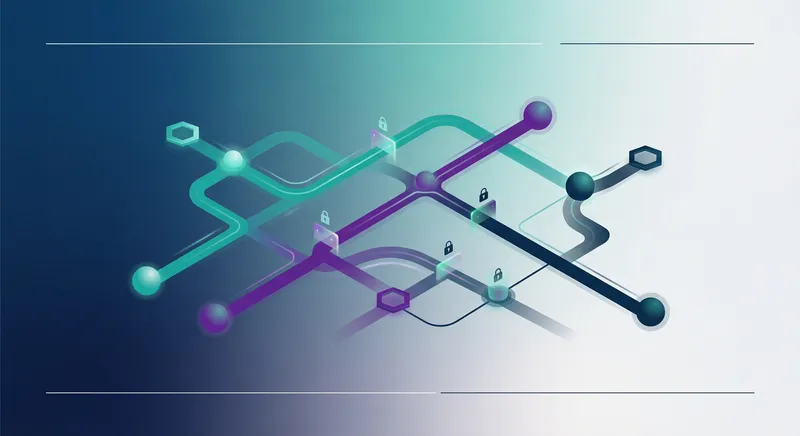 Abstract network diagram showing interconnected nodes with flowing data paths and security checkpoints highlighted in teal and purple