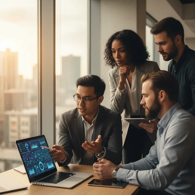 Team collaborating around a laptop with AI visuals