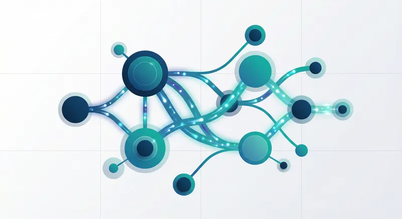 Abstract network of interconnected nodes with flowing data streams in teal and blue gradients, representing AI orchestration connecting multiple systems