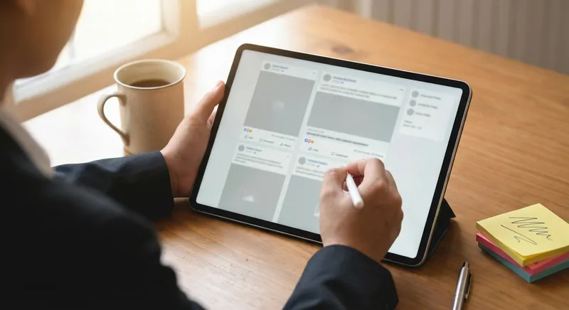 Professional drafting multiple posts on a tablet with notes