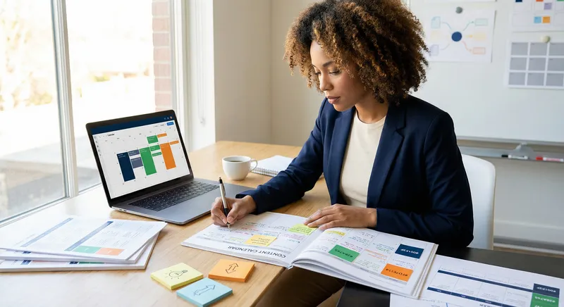 Professional woman at desk planning annual content calendar with color-coded sticky notes and a laptop showing a calendar interface