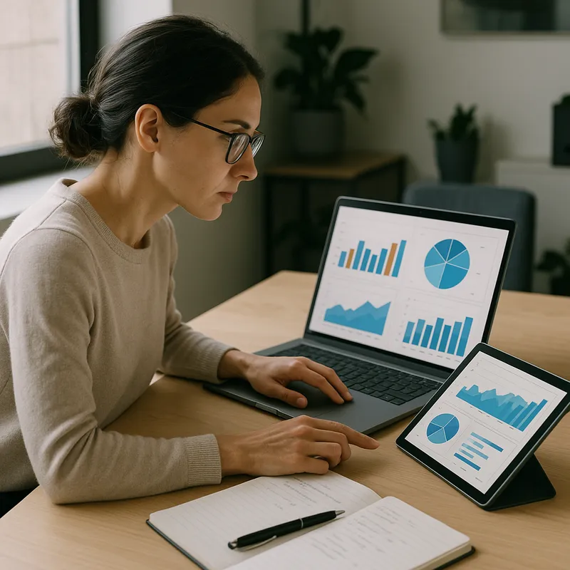 A focused content strategist sitting at a desk reviewing a digital dashboard on a laptop and tablet, chart visuals visible on screens, natural daylight from a nearby window, modern office setting, composition showing hands on devices and a notebook with notes, mood is proactive and analytical, lighting soft and even, photographic style, no text or logos