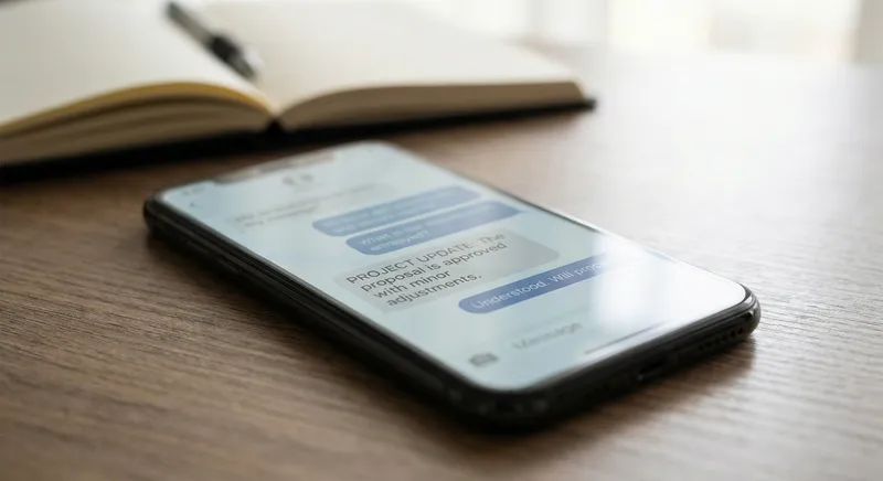 Close up of a mobile screen showing a professional message exchange with a concise, friendly qualification question