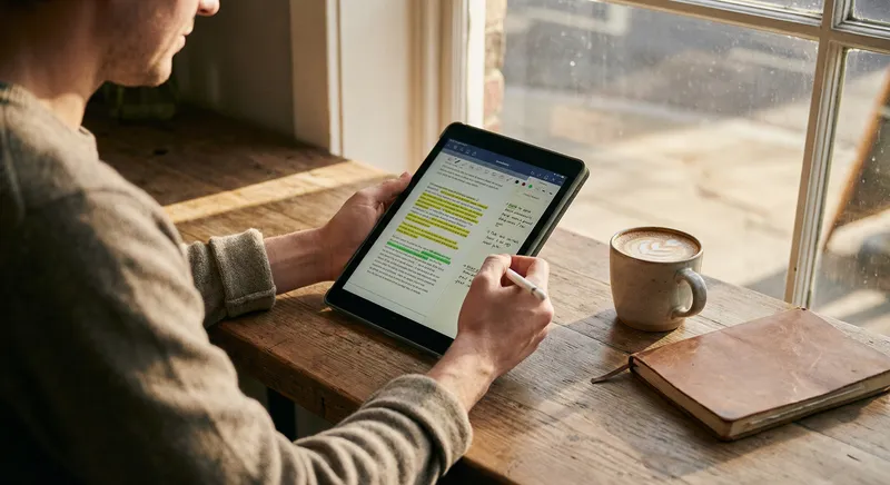 Person reviewing editorial feedback on a tablet with a coffee cup nearby