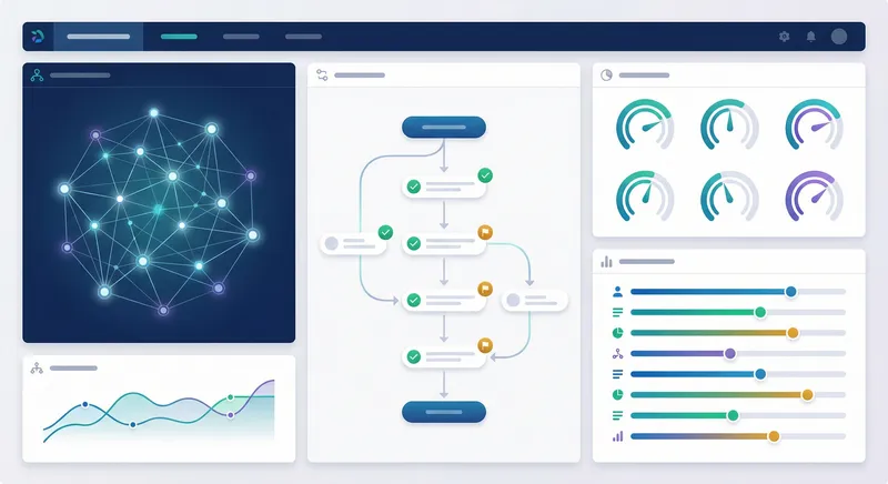 Modern control center dashboard showing real-time monitoring of agent decisions with policy compliance metrics and audit trails