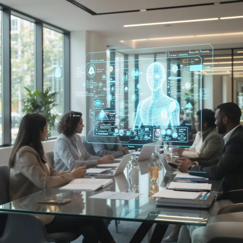 A modern office scene showing a diverse HR and operations team gathered around a glass table. A holographic or transparent interface floats above the table representing an AI agent coordinating tasks. The composition is medium wide shot, natural window light, warm professional mood, realistic photo style, shallow depth of field, no text or logos