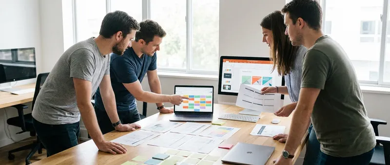 Workspace showing a content team planning a calendar with digital tools