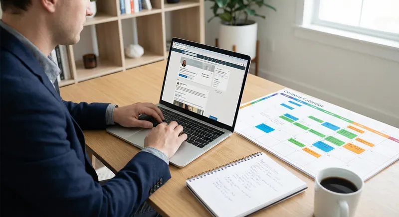 Digital workspace showing a professional at a laptop with LinkedIn interface visible on screen, surrounded by notes and a content calendar, with warm ambient lighting and a modern home office setup