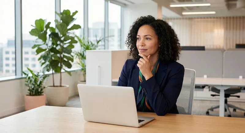 Professional woman at laptop in modern office, thoughtful expression, warm natural lighting, contemporary workspace with plants, dynamic yet calm mood, diverse professional setting