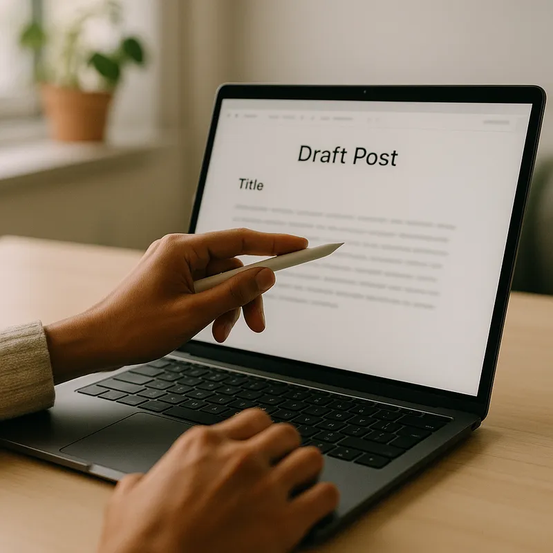 A close up photo of a person with a stylus or finger pointing at an open laptop screen showing a draft post. The editor is in a modern workspace with soft daylight, neutral tones, minimal props. Focus on hands, screen text blurred enough to avoid visible trademarks or logos, and a mood of concentration and precision. Photo style, natural lighting, no text overlays