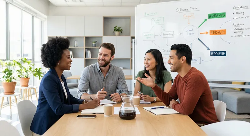 Diverse group of professionals in collaborative meeting, engaged in discussion, natural lighting from windows, modern workspace with whiteboards and notes, positive and inclusive atmosphere