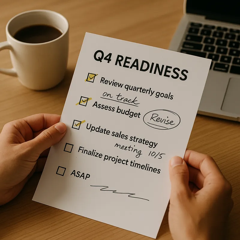 A close up photo of hands holding a printed one page checklist titled Q4 readiness, annotated with handwritten notes and highlights. A coffee cup sits nearby on a modern wooden desk and a laptop keyboard is partially visible. Soft natural side lighting creates a focused, productive mood. Photo style, realistic editorial, shallow depth of field