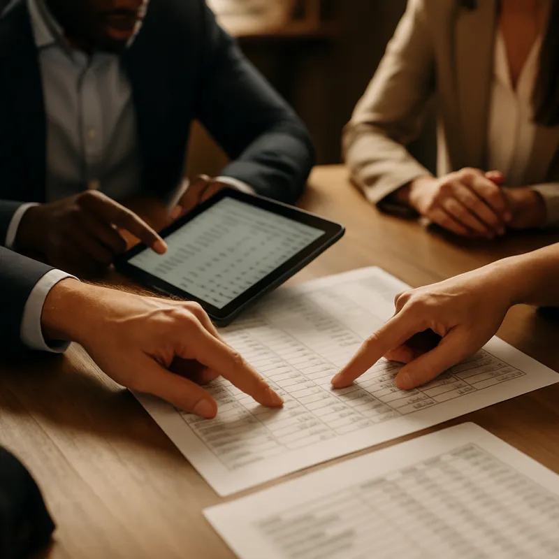 A photographic style scene showing a group of professionals around a table viewing a tablet and printed spreadsheets. The focus is on a close up of hands pointing at budget line items and calculations. Natural warm office lighting, candid professional mood, shallow depth of field, high realism, no logos or text in the image