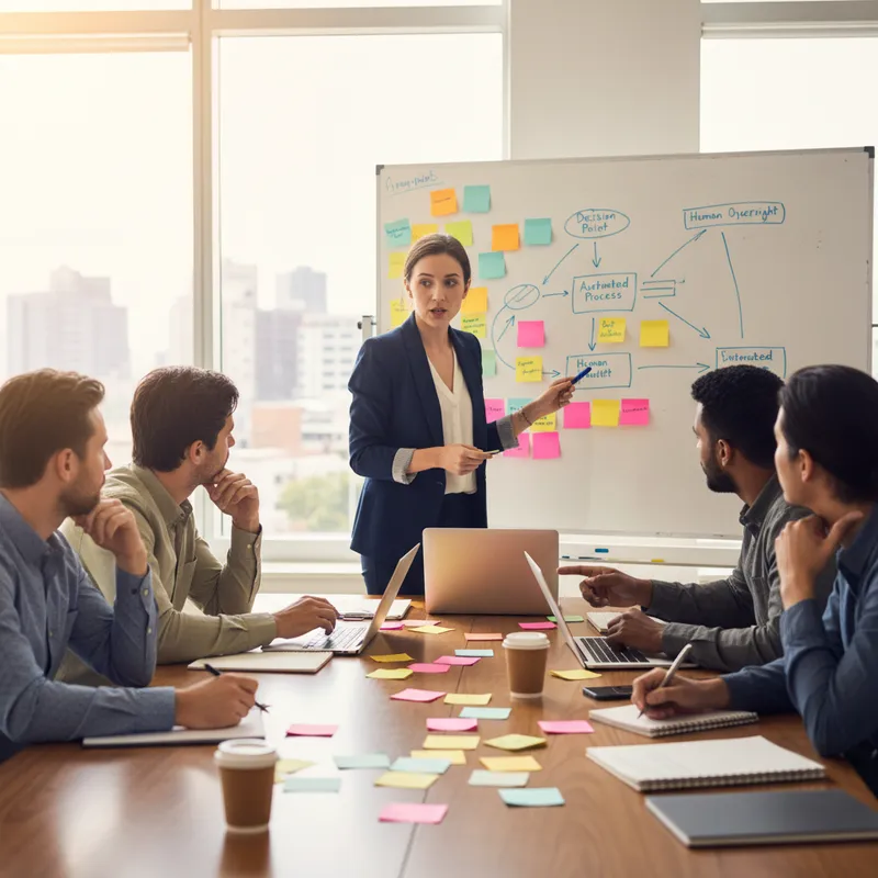 Photo of a mixed team in a bright meeting room conducting a workshop on automation governance. Composition includes sticky notes, a whiteboard with flow diagrams, laptops, and a facilitator guiding discussion. Mood is collaborative and focused, natural daylight, candid photography style, high resolution, no text or logos