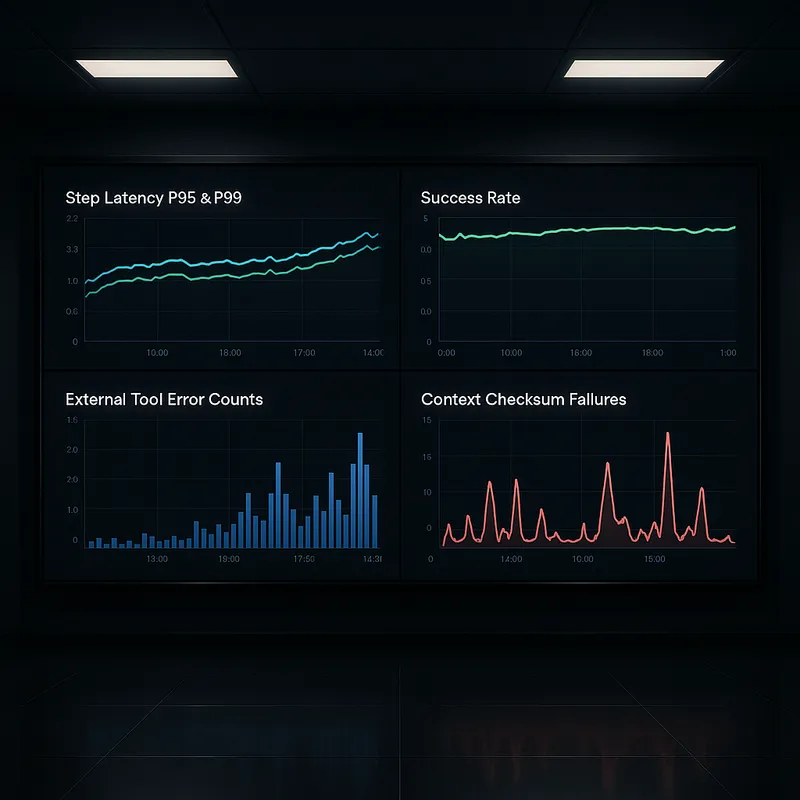 Photo realistic illustration of a large monitoring dashboard showing multiple charts: step latency p95 and p99, success rate, external tool error counts, and context checksum failures. Composition centers on a dark themed operations room with subtle reflections, soft overhead lighting and clear data panels. Style is modern UI illustration, high fidelity, no text or logos on screens