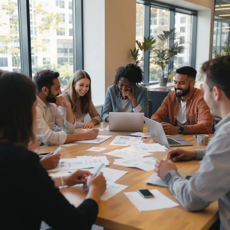 A diverse product team collaborating around a large table with printouts and laptops showing flowcharts, modern office setting, natural daylight, candid documentary style photograph, warm tones, shallow depth of field, medium close composition