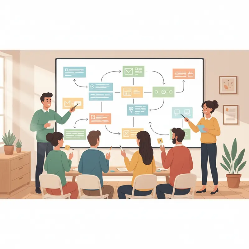Illustration of cross functional team workshop with whiteboard showing journey mapping and flow blocks