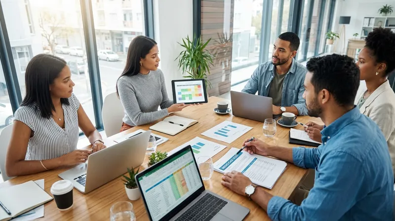 Team collaborating with AI tools for content planning