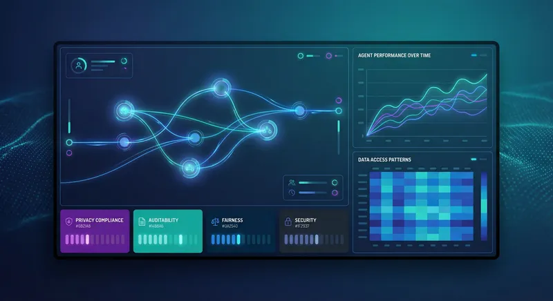 Enterprise governance dashboard displaying autonomous agent performance metrics across healthcare, finance, and telecommunications sectors, with real-time monitoring charts, compliance indicators, and risk alerts