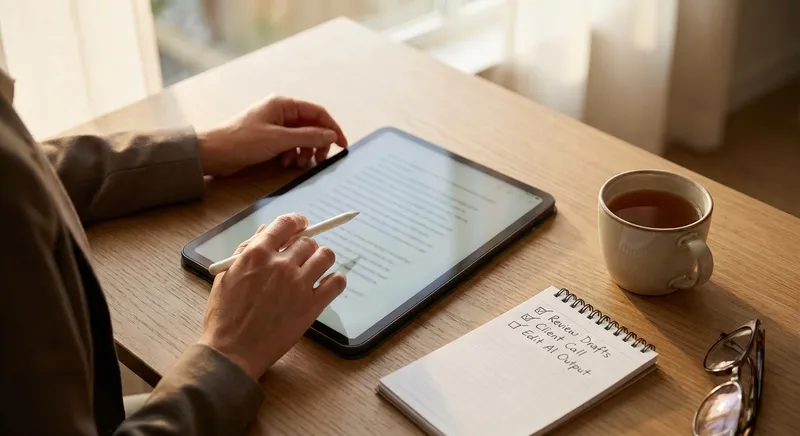 Professional consultant editing AI-generated content on a tablet