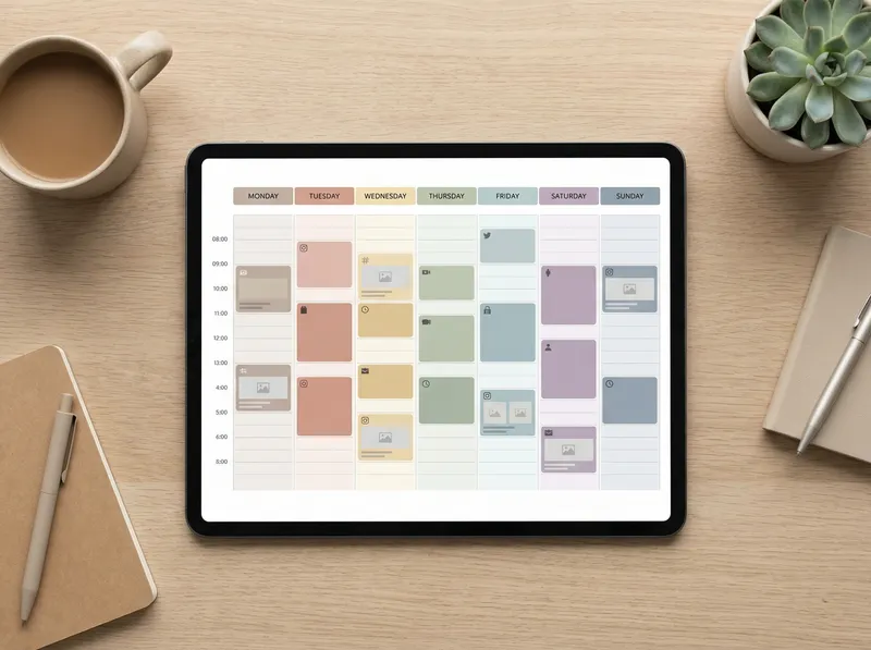 A content calendar on a tablet with scheduled posts