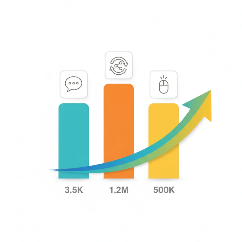 A high resolution flat style infographic illustration showing three colorful vertical bars and an upward arrow, clean white background, minimal modern icons representing comments, shares, and clicks, soft shadows, bright corporate color palette, vector illustration style, no logos