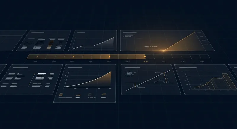A sophisticated, technical editorial illustration of a financial modeling interface set against a deep midnight navy background with a subtle geometric grid system. The composition features a series of thin-outlined translucent panels arranged in a clean grid, representing a 12-month timeline with amber-tinted progress markers that illustrate a reverse-engineered payback period. Sharp, minimalist data visualizations use high-contrast white lines and warm amber accents to track a conservative growth curve, avoiding all readable text in favor of abstract, monospaced-style data blocks and thin-stroke technical diagrams. The lighting is low-key and atmospheric, with a soft amber glow emanating from the "break-even" point on the horizon, captured in a crisp, wide-angle shot with a shallow depth of field that emphasizes a practical, operational aesthetic.