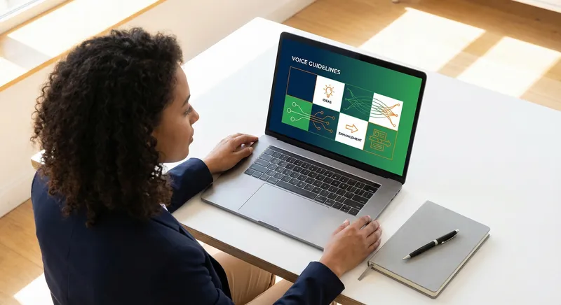 A professional at a desk reviewing voice guidelines document on laptop screen