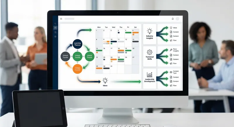 Content calendar interface showing interconnected learning themes, emerging trends, and published posts flowing into an organized grid