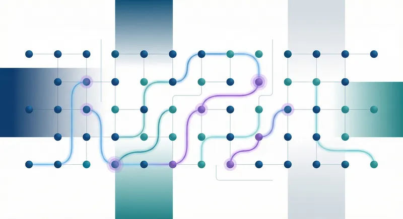 Abstract visualization of interconnected nodes and data flows with policy checkpoints, representing governed AI guardrails in action