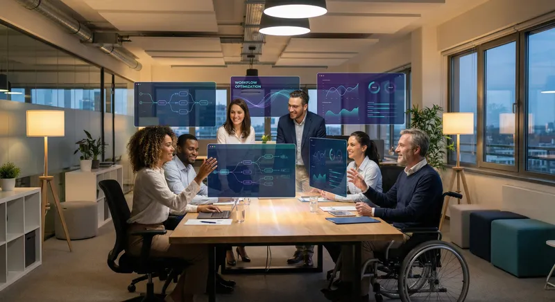 Professional team collaborating around a digital interface showing automation workflows and metrics