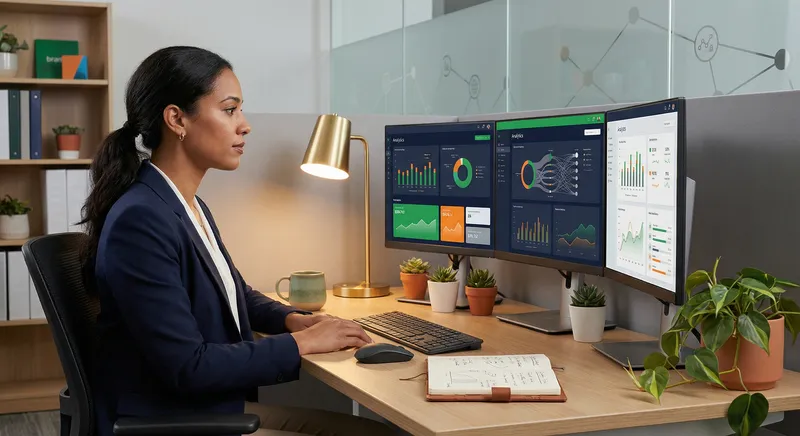 Person at desk surrounded by data visualization charts and social media metrics, thoughtful expression, modern minimalist workspace, warm lighting
