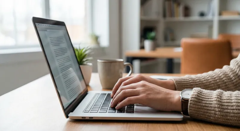 Professional responding to a comment on a laptop in a modern office