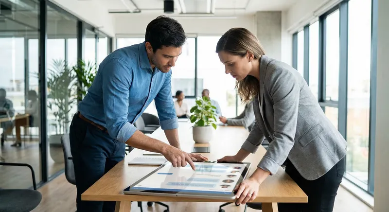 A calm professional in a meeting reviewing comment threads on a tablet with a team member